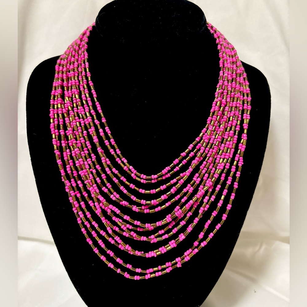 Multi layered pink seed brass bead necklace